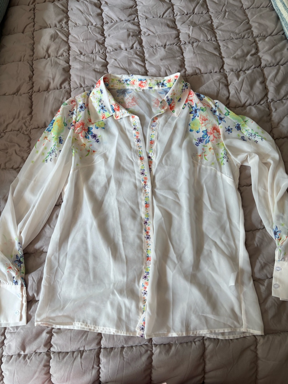 SHEIN White Sheer Floral Blouse with Multicolor Blossoms